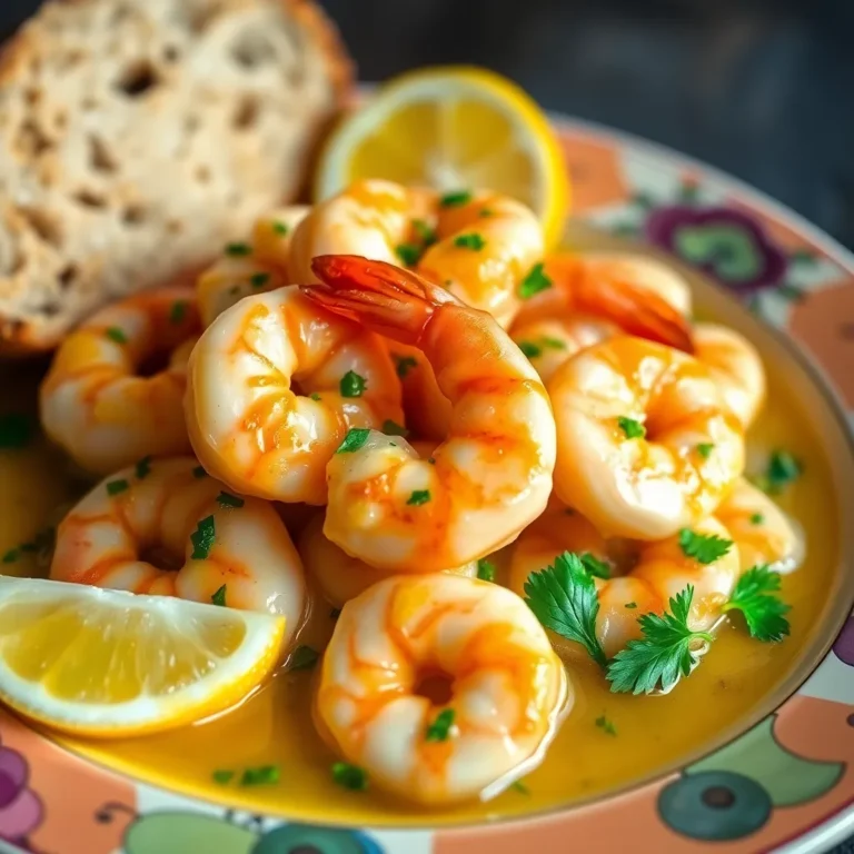 A skillet filled with succulent shrimp sautéed in a rich garlic butter sauce, garnished with freshly chopped parsley and lemon wedges.