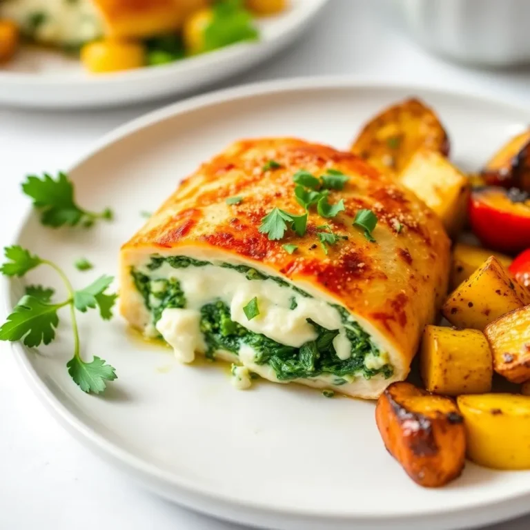 Golden-brown chicken breasts stuffed with a creamy spinach and ricotta filling, sliced to reveal the rich interior, and garnished with fresh parsley.