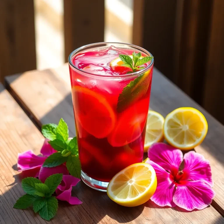 A refreshing glass of iced hibiscus tea infused with citrus zest, garnished with a slice of lemon and a sprig of fresh mint, served over ice.