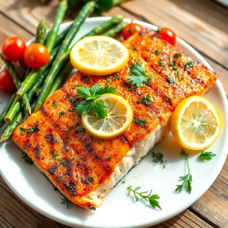 Perfectly grilled salmon fillet with a golden-brown crust, garnished with fresh rosemary sprigs and lemon wedges, served alongside a medley of grilled vegetables.